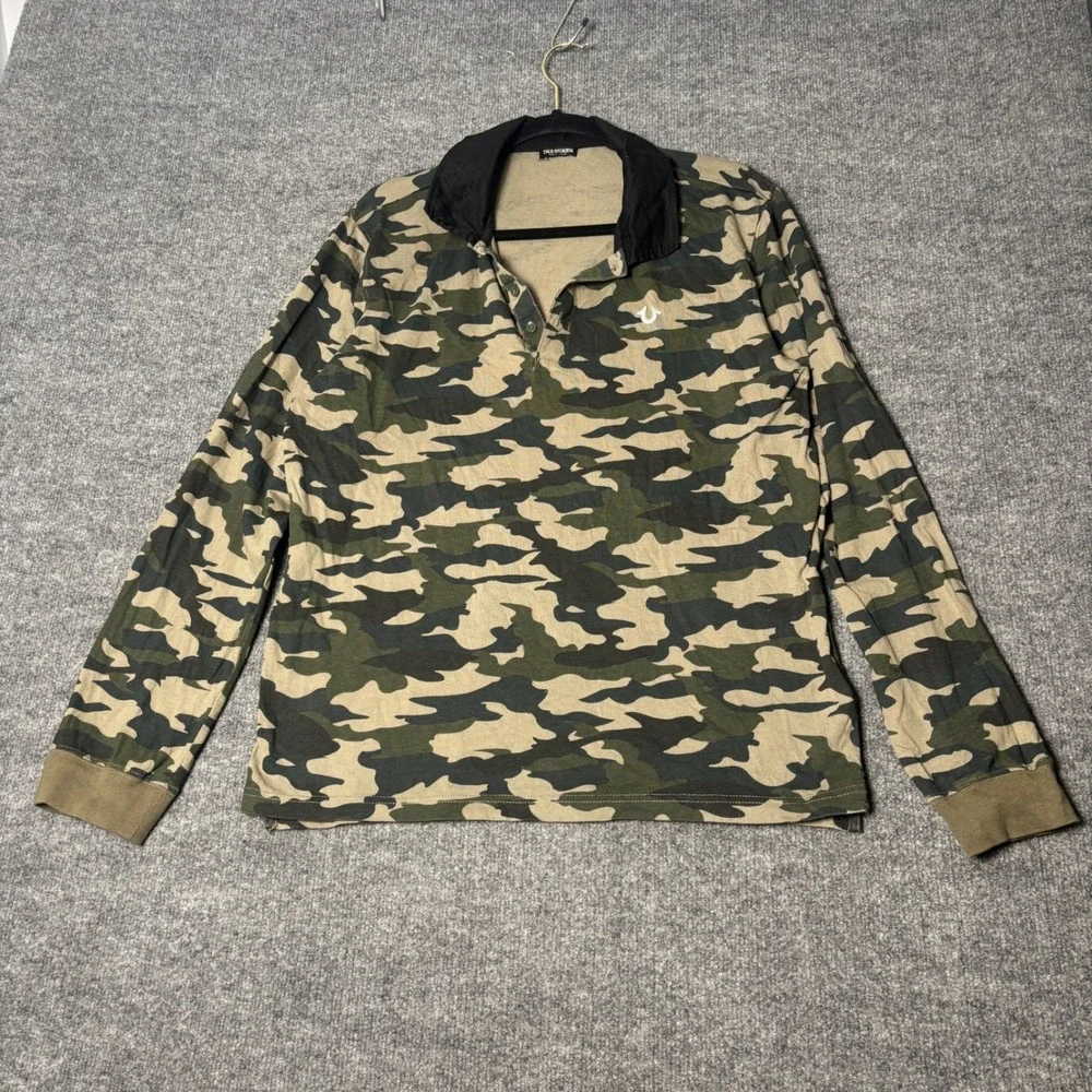 True Religion Men's Large Camo Long Sleeve Henley Rugger Polo Shirt